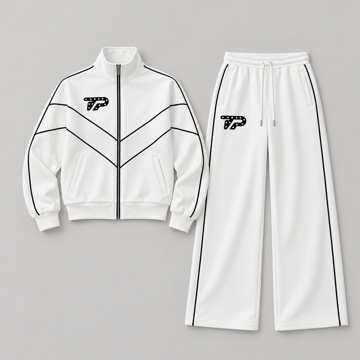 TP Women’s White Piped Track Set — model-free flat-lay