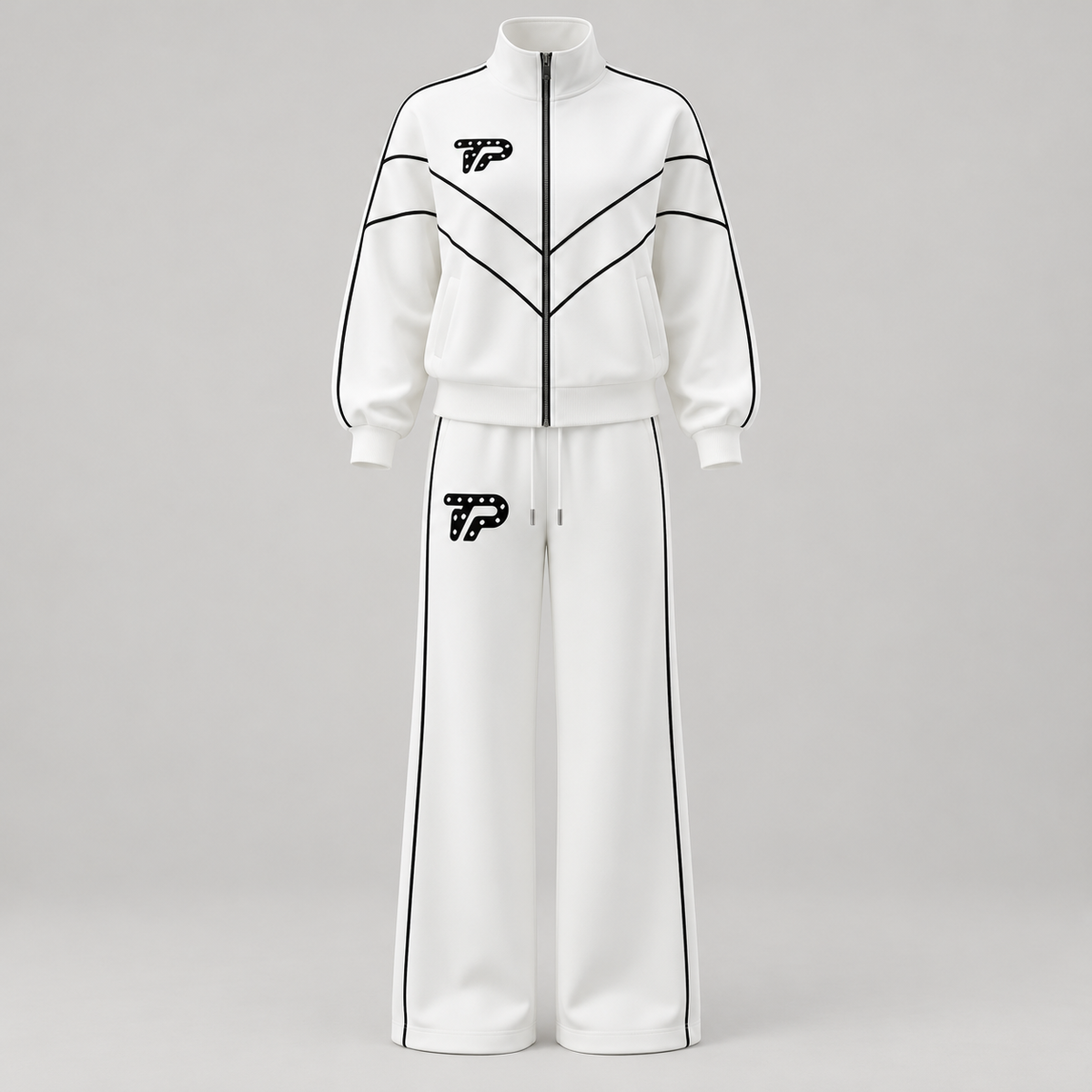 TP Women’s White Piped Track Set — model-free front view