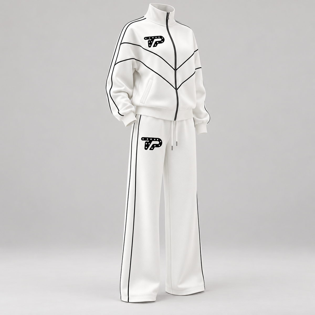 TP Women’s White Piped Track Set — model-free product view